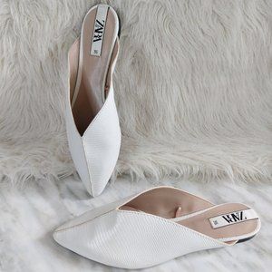 Zara Women's Animal Embossed Leather White Mules Point Toe Flats Sandals 36/5.5